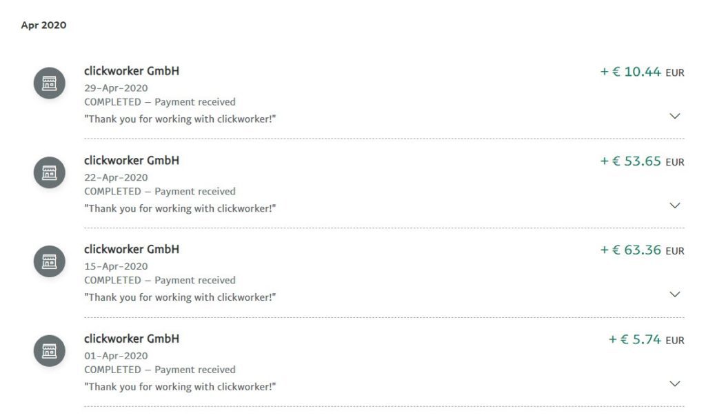 Clickworker Payment proofs in April 2020