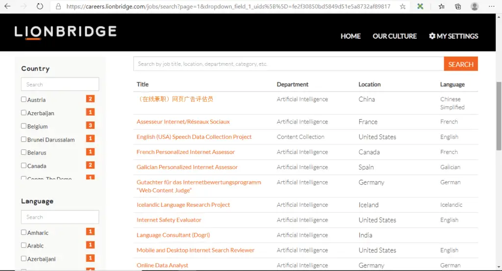 search for lionbridge jobs in your country