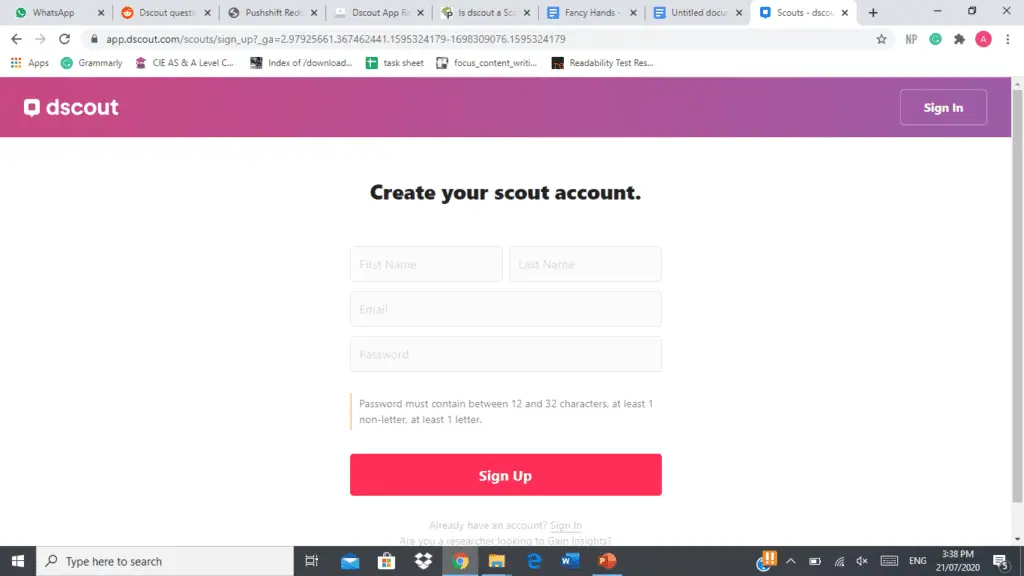 Dscout signup form. earn money from dscout