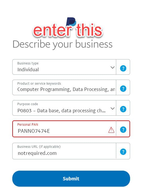 Paypal required information