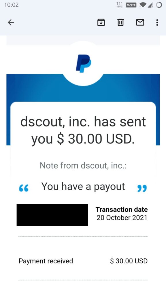 payment for a paid user study from dscout