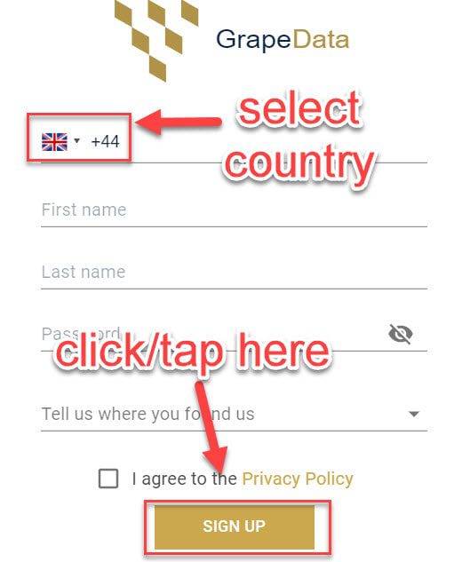 how to signup on grapedata (and what countries are available)