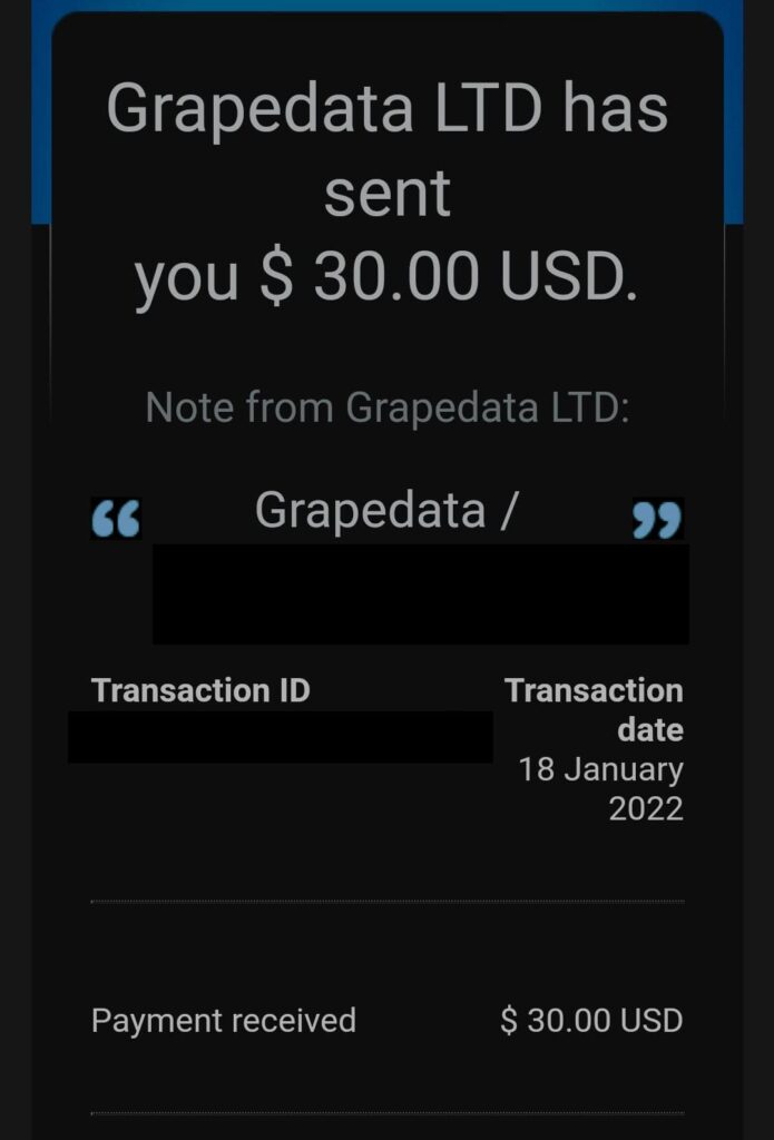 Grapedata payment proof paypal
