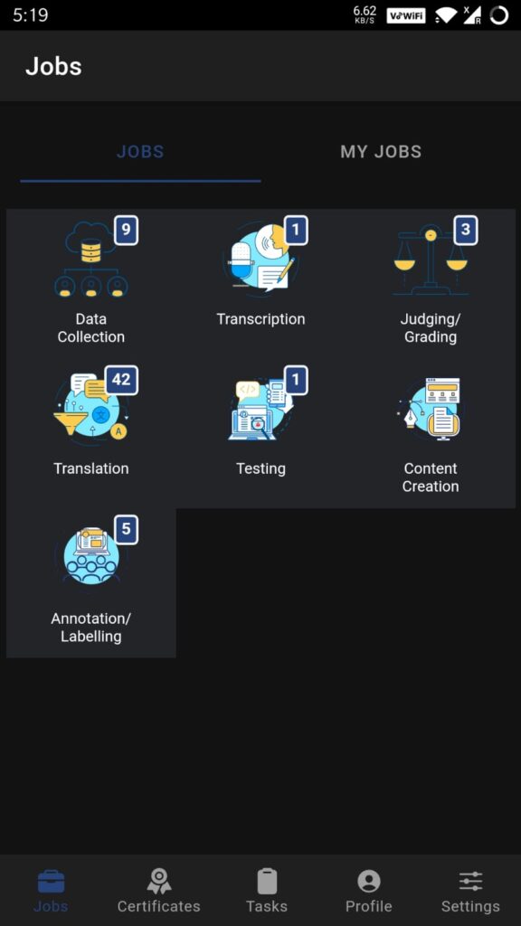 available task categories on the oneforma mobile app