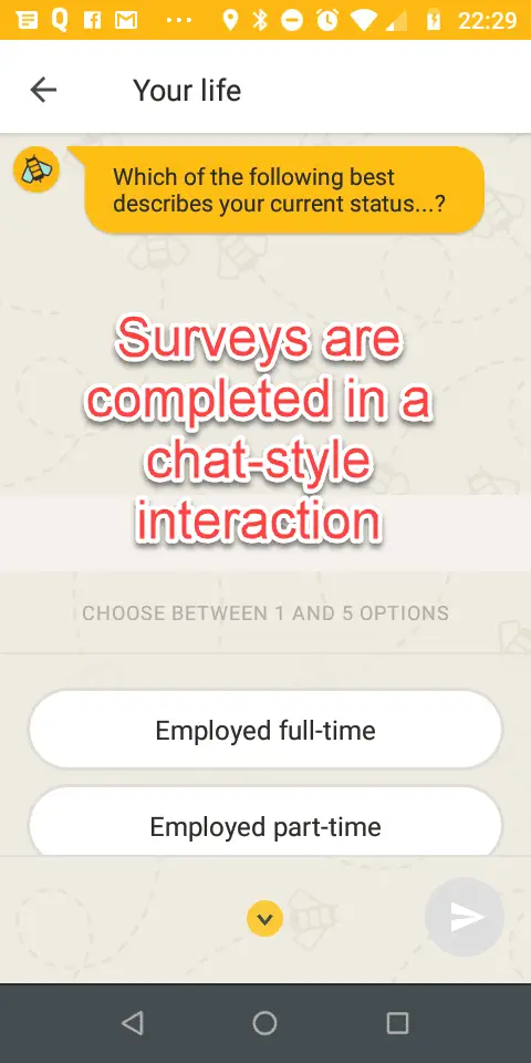 the survey participation interface of streetbees. It is a chat style interface.