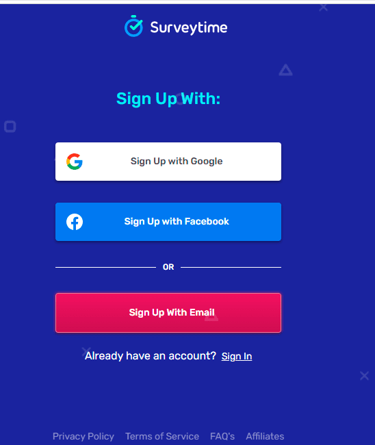 surveytime signup page