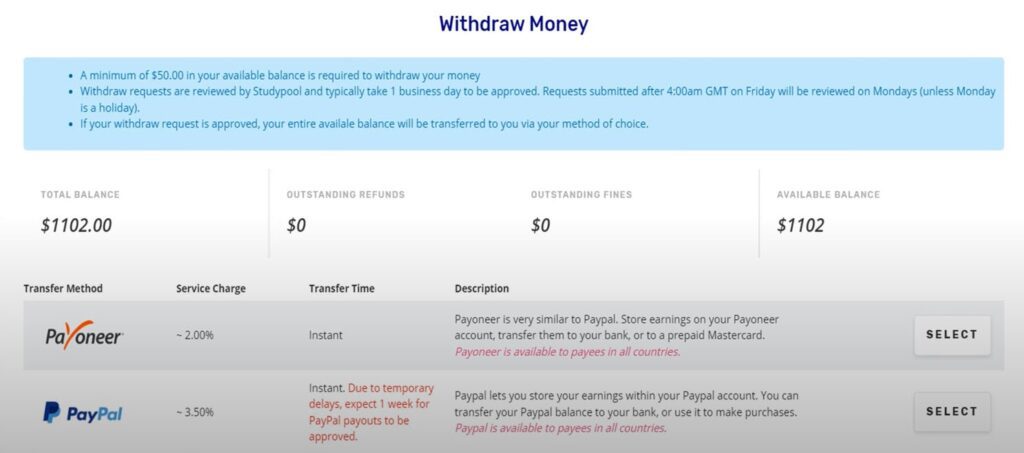 studypool earnings and payment dashboard