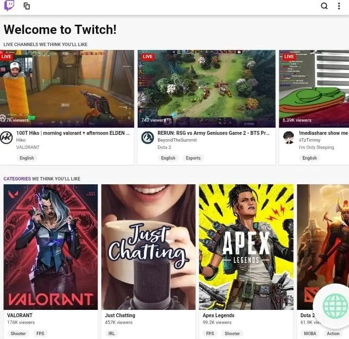various streams and videos on twitch homepage