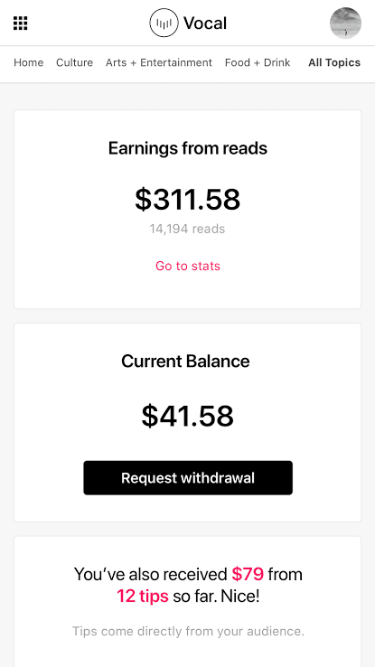 vocal earnings dashboard (now known as vocal wallet)