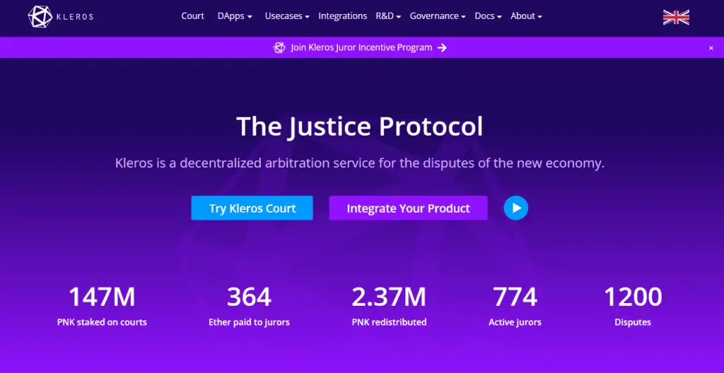 Kleros Homepage: Blockchain based Justice Protocol