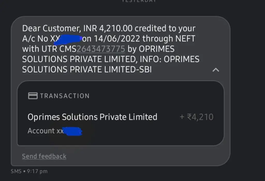 oPrimes testing payment proof (bank transfer)