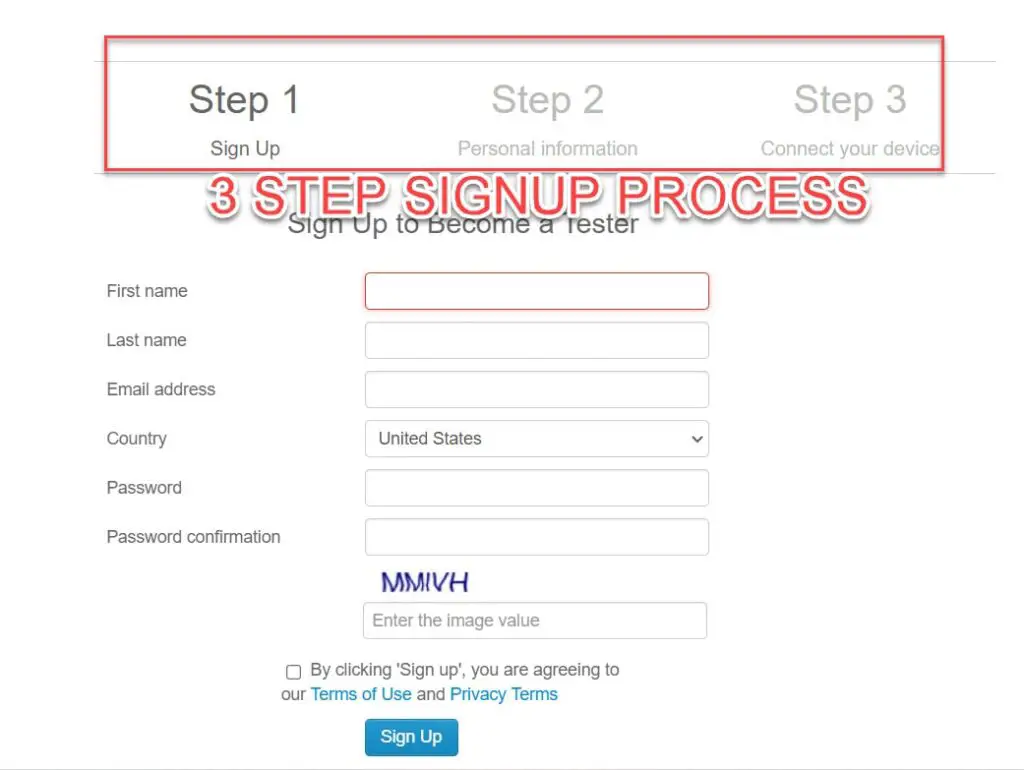 the 3-step signup process of ubertester
