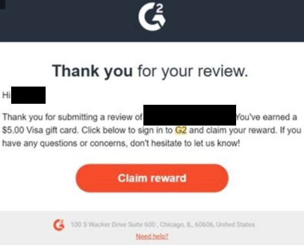 Claim reward from G2 (Get gift card for writing software reviews)
