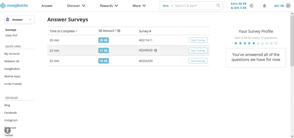 answer surveys in swagbucks