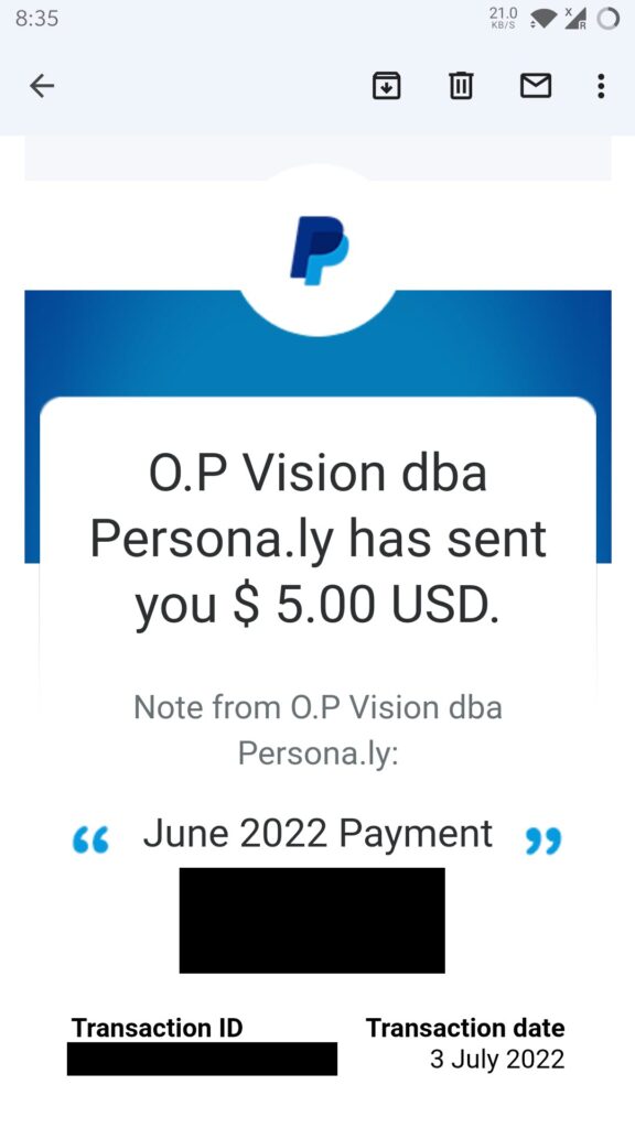 surveytime payment proof paypal (O.P Vision dba Persona.ly)