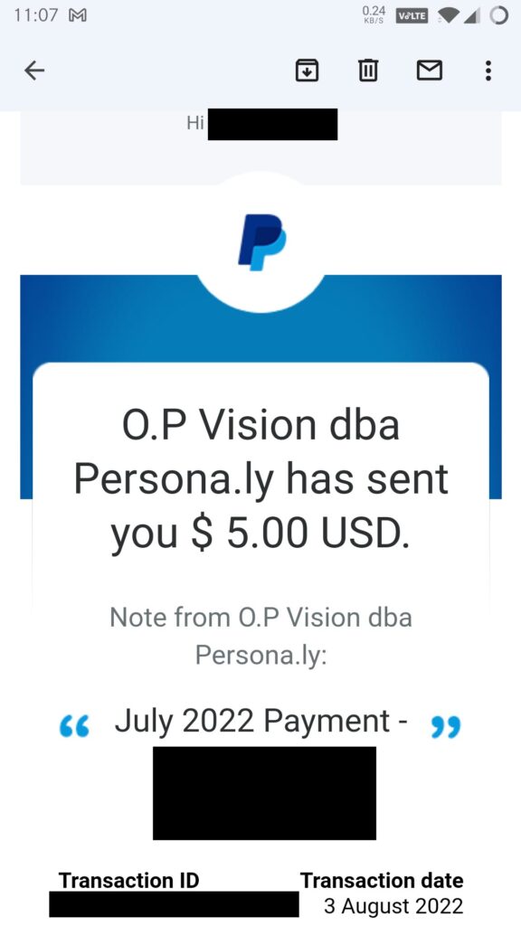 surveytime payment proof paypal (O.P Vision dba Persona.ly)